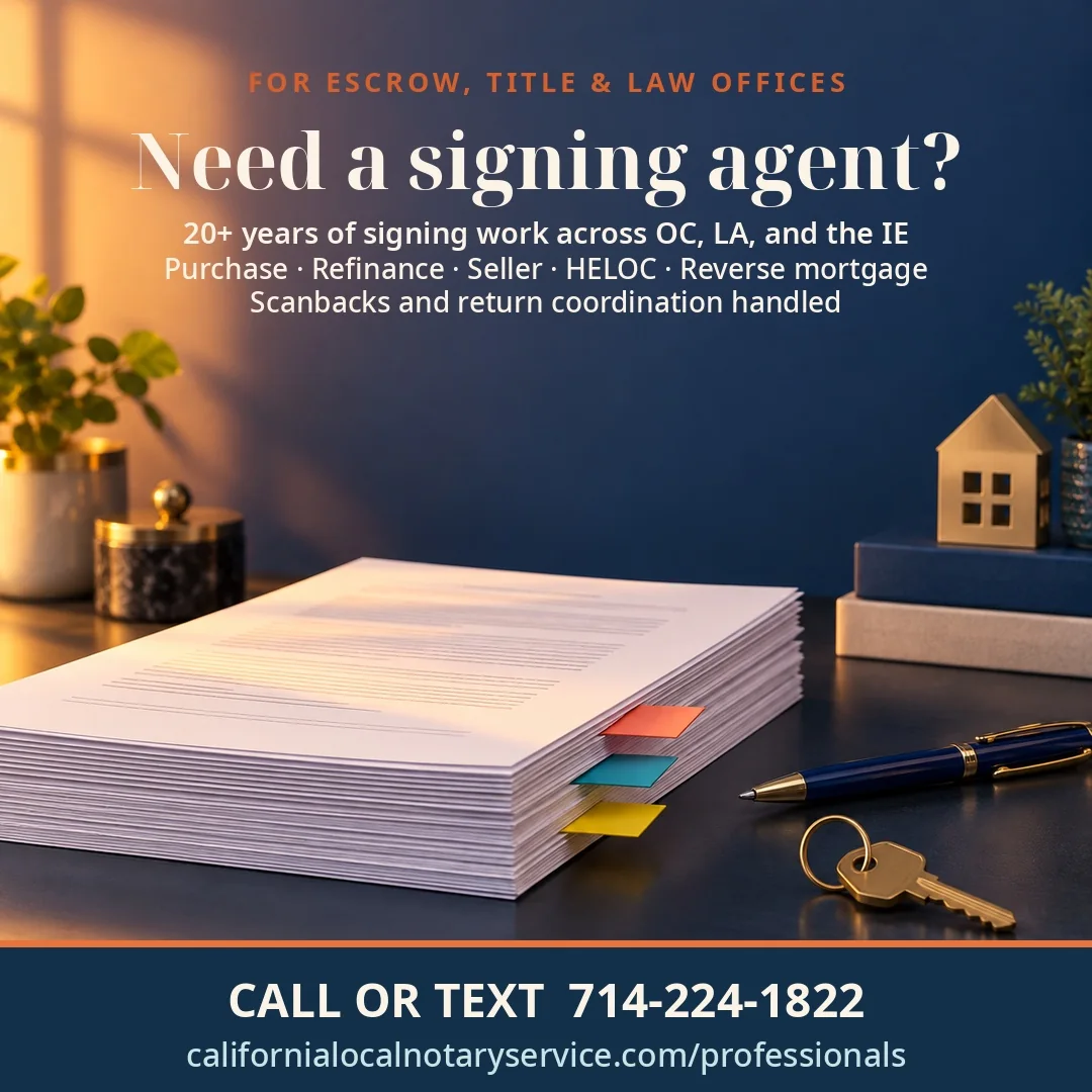 Escrow, title and law-office signing support: purchase, refinance, seller, HELOC and reverse mortgage packages, with scanbacks and return coordination. Call or text 714-224-1822.