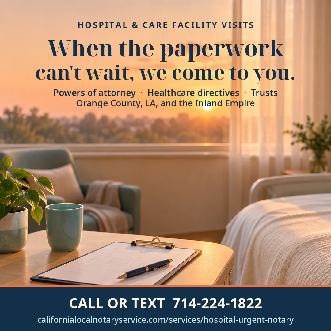 Hospital and care-facility visits for powers of attorney, healthcare directives and trusts throughout Orange County, Los Angeles and the Inland Empire. Call or text 714-224-1822.